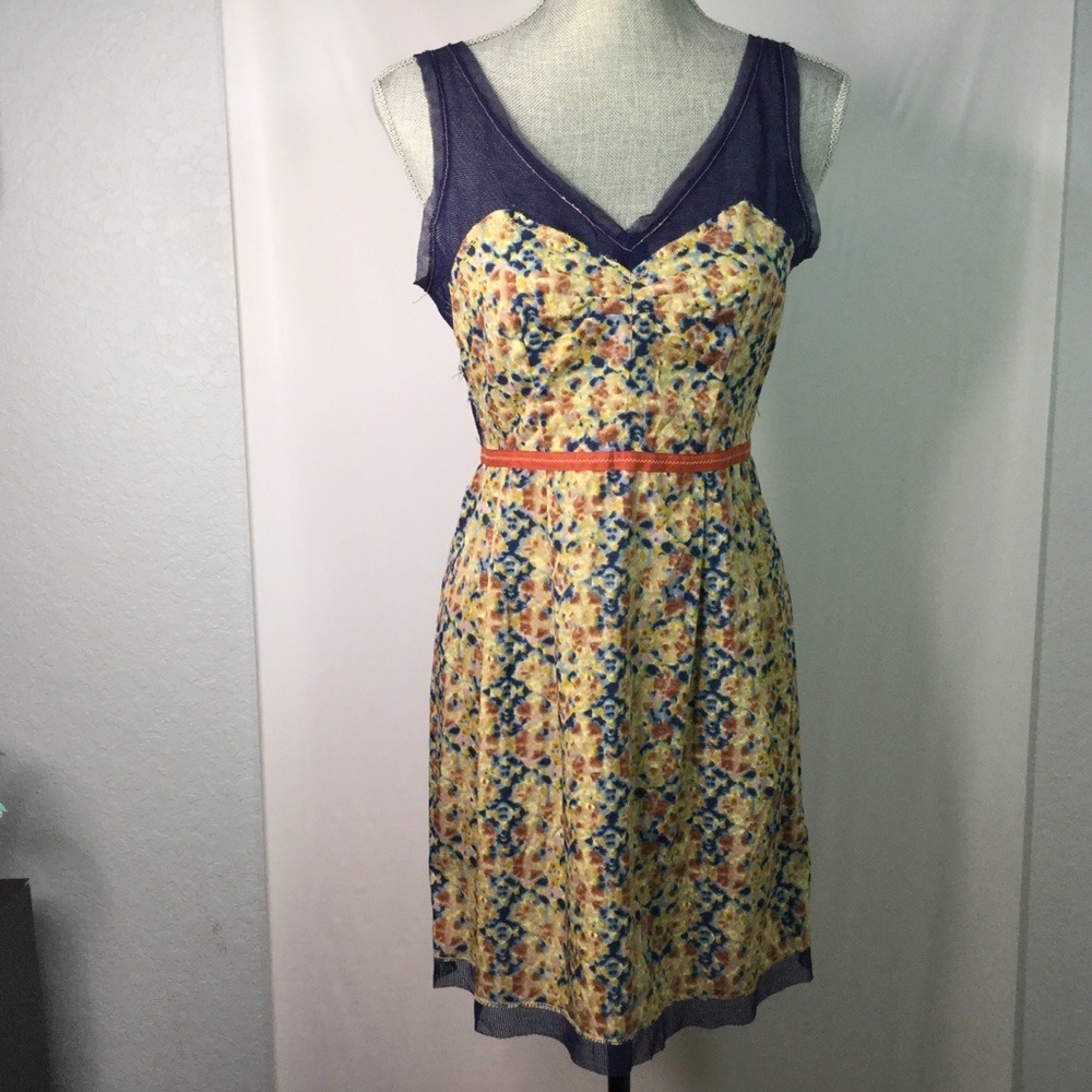 Starring At Stars Boho Floral Print‎ Sleeveless V Neck Dress Orange Trim Size 6